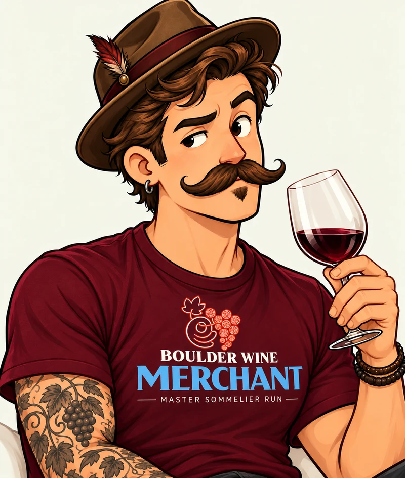 A drawing of Chaz, the shop's AI assistant, in a brown hat with a glass of red wine